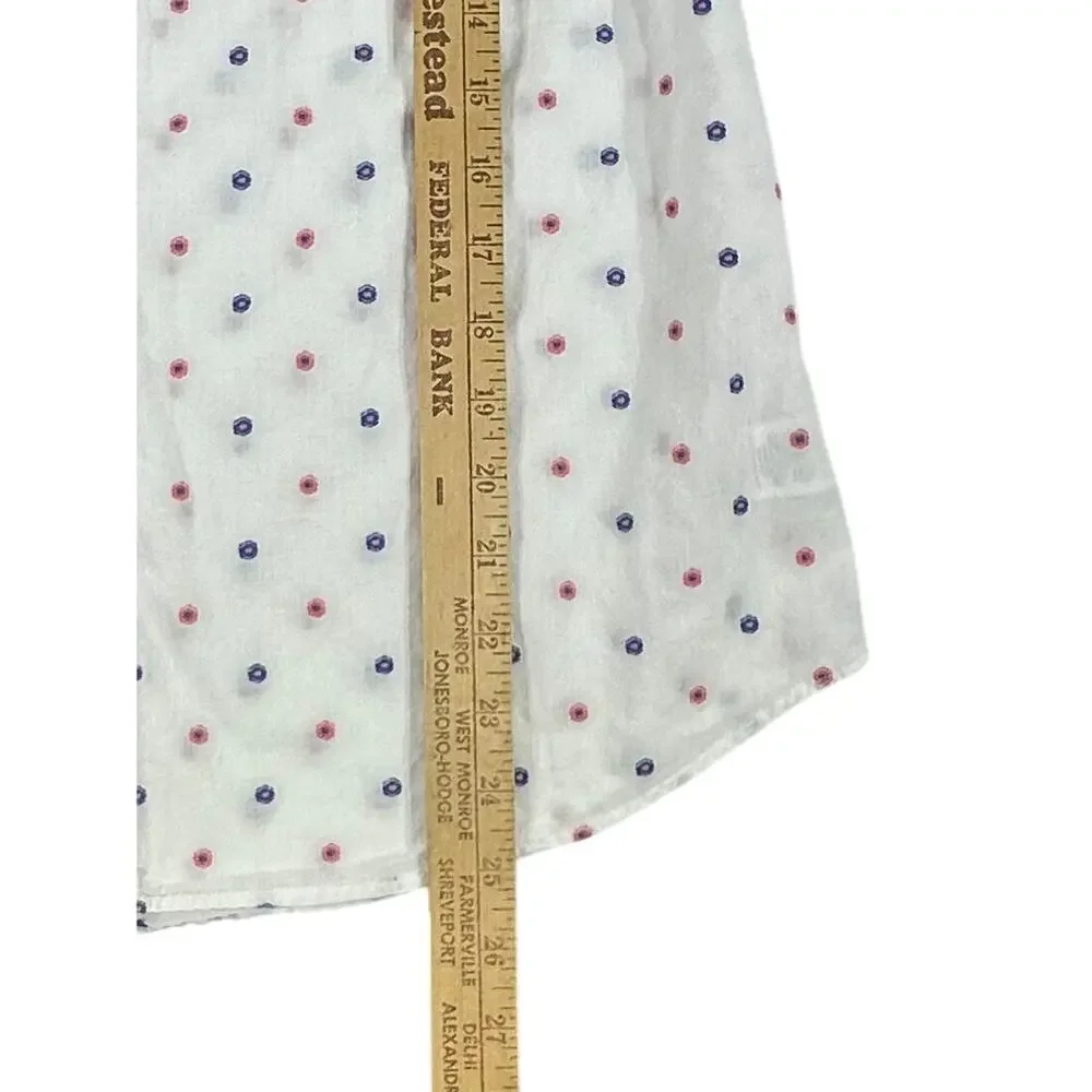 Talbots Button Up Shirt Size Medium White Pink Blue Embroidered Dots 100% Cotton